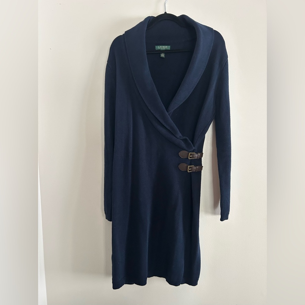 Lauren Ralph Lauren Knit Buckled Sweater Dress Cotton Blend Navy Large Faux Wrap